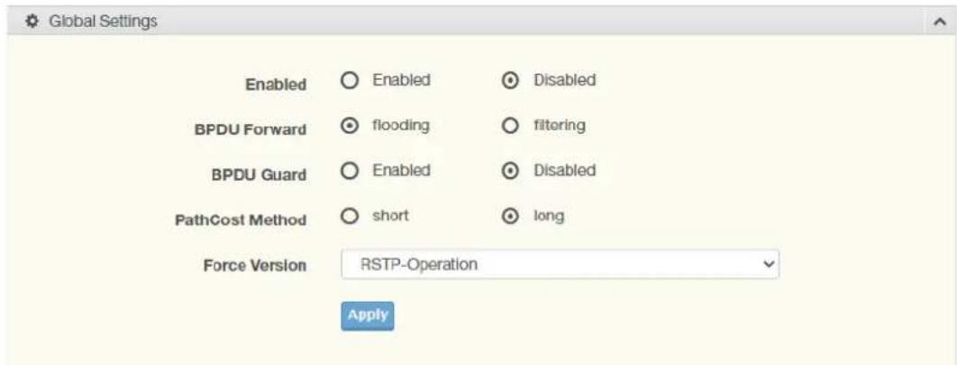Global Settings Enabled Enabled Disabled BPDU Forward flooding filtering BPDU Guard Enabled Disabled PathCost Method(short long) Force Version RSTP-Operation Apply