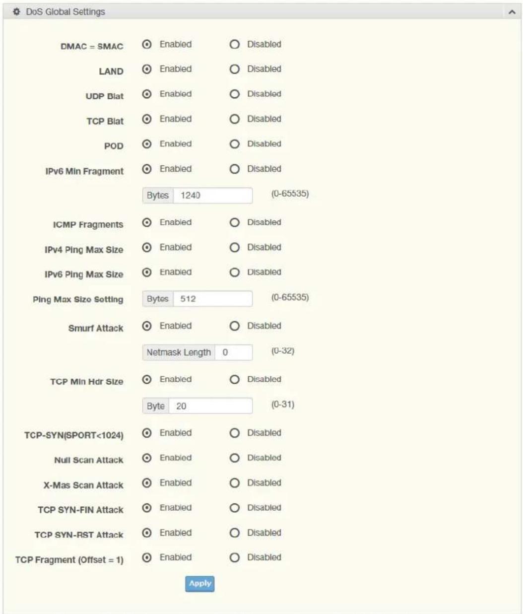DoS Global Settings DMAC = SMAC ● Enabled ○ Disabled LAND ● Enabled ○ Disabled UDP Blat ● Enabled ○ Disabled TCP Blat ● Enabled ○ Disabled POD ● Enabled ○ Disabled IPv6 Min Fragment ● Enabled ○ Disabled Bytes 1240 (0-65535) ICMP Fragments ● Enabled ○ Disabled IPv4 Ping Max Size ● Enabled ○ Disabled IPv6 Ping Max Size ● Enabled ○ Disabled Ping Max Size Setting Bytes 512 (0-65535) Smurf Attack ● Enabled ○ Disabled Netmask Length 0 (0-32) TCP Min Hdr Size ● Enabled ○ Disabled Byte 20 (0-31) TCP-SYN(SPORT<1024) ● Enabled ○ Disabled Null Scan Attack ● Enabled ○ Disabled X-Mas Scan Attack ● Enabled ○ Disabled TCP SYN-FIN Attack ● Enabled ○ Disabled TCP SYN-RST Attack ● Enabled ○ Disabled TCP Fragment (Offset = 1) ● Enabled ○ Disabled Apply