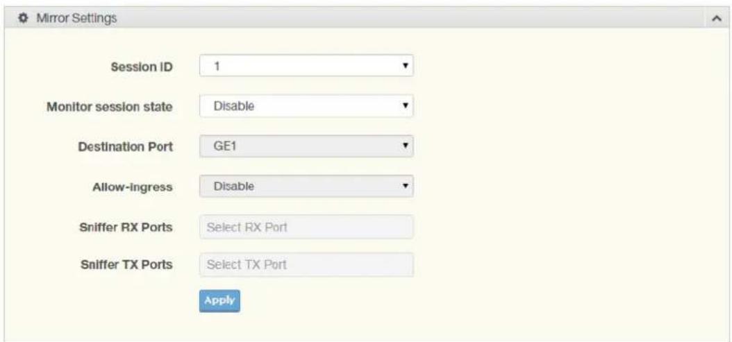 Mirror Settings Session ID 1 Monitor session state Disable Destination Port GE1 Allow-Ingress Disable Sniffer RX Ports Select RX Port Sniffer TX Ports Select TX Port Apply