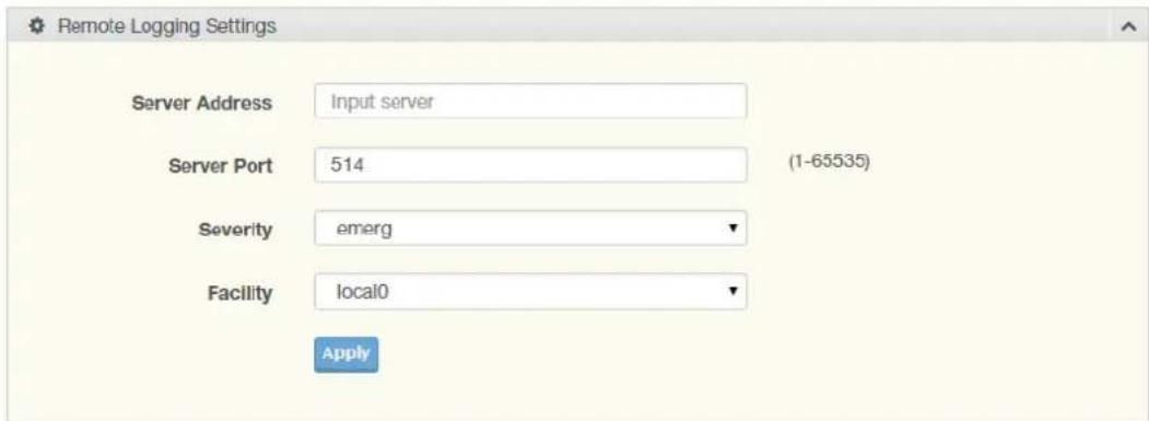 Remote Logging Settings Server Address Input server Server Port 514 (1-65535) Severity emerg Facility local0 Apply