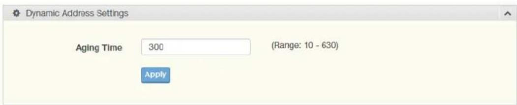 Dynamic Address Settings Aging Time 300 (Range: 10 - 630) Apply