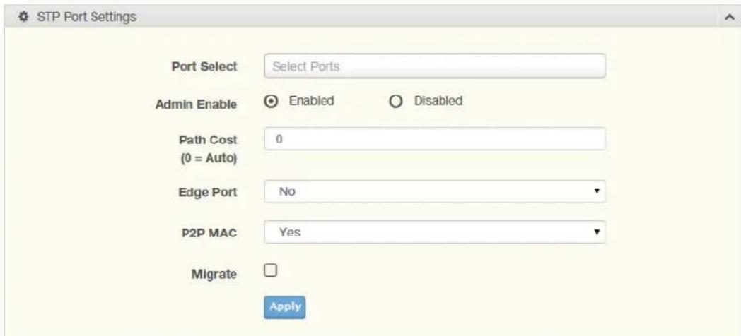STP Port Settings Port Select Select Ports Admin Enable Enabled Disabled Path Cost 0 (0 = Auto) Edge Port No P2P MAC Yes Migrate Apply