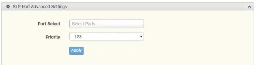 STP Port Advanced Settings Port Select Select Ports Priority 128 Apply