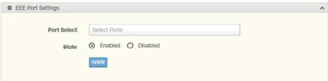 EEE Port Settings Port Select Select Ports Stato Enabled Disabled Apply