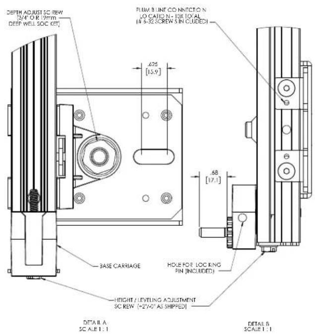 DEPTH ADJUST SC REW [3/4" OR 19mm] DEEP WELL SOC KET) FLUW B LINE CO NNECTO N LO CATIO N-10X [TO AL [8 6-32 SCREW S IN CLUDED] .625 [15.9] .68 [17.1] BASE CARRIAGE HOLE FOR LOCKING PIN (INCLUDED) HEIGHT / LEVELING ADJUSTMENT SC REW (+2V-0' AS SHIPPED) DETAIL A SC ALE 1:1 DETAIL B SCALE 1:1