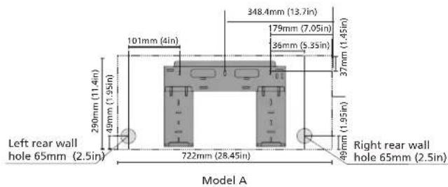 348.4mm (13.7in) 179mm (7.05in) 36mm (5.35in) 37mm (1.45in) 101mm (4in) 290mm (11.4in) 49mm (1.95in) Left rear wall hole 65mm (2.5in) 722mm (28.45in) Right rear wall hole 65mm (2.5in) Model A