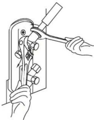 Line drawing of hands using a tool to adjust or install a mechanical component (no text or symbols present)