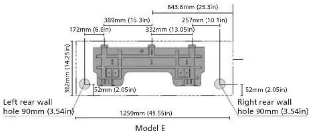 643.6mm (25.3in) 389mm (15.3in) 257mm (10.1in) 172mm (6.8in) 332mm (13.05in) 362mm (14.25in) 52mm (2.05in) 52mm (2.05in) Left rear wall hole 90mm (3.54in) 1259mm (49.55in) Right rear wall hole 90mm (3.54in) Model E