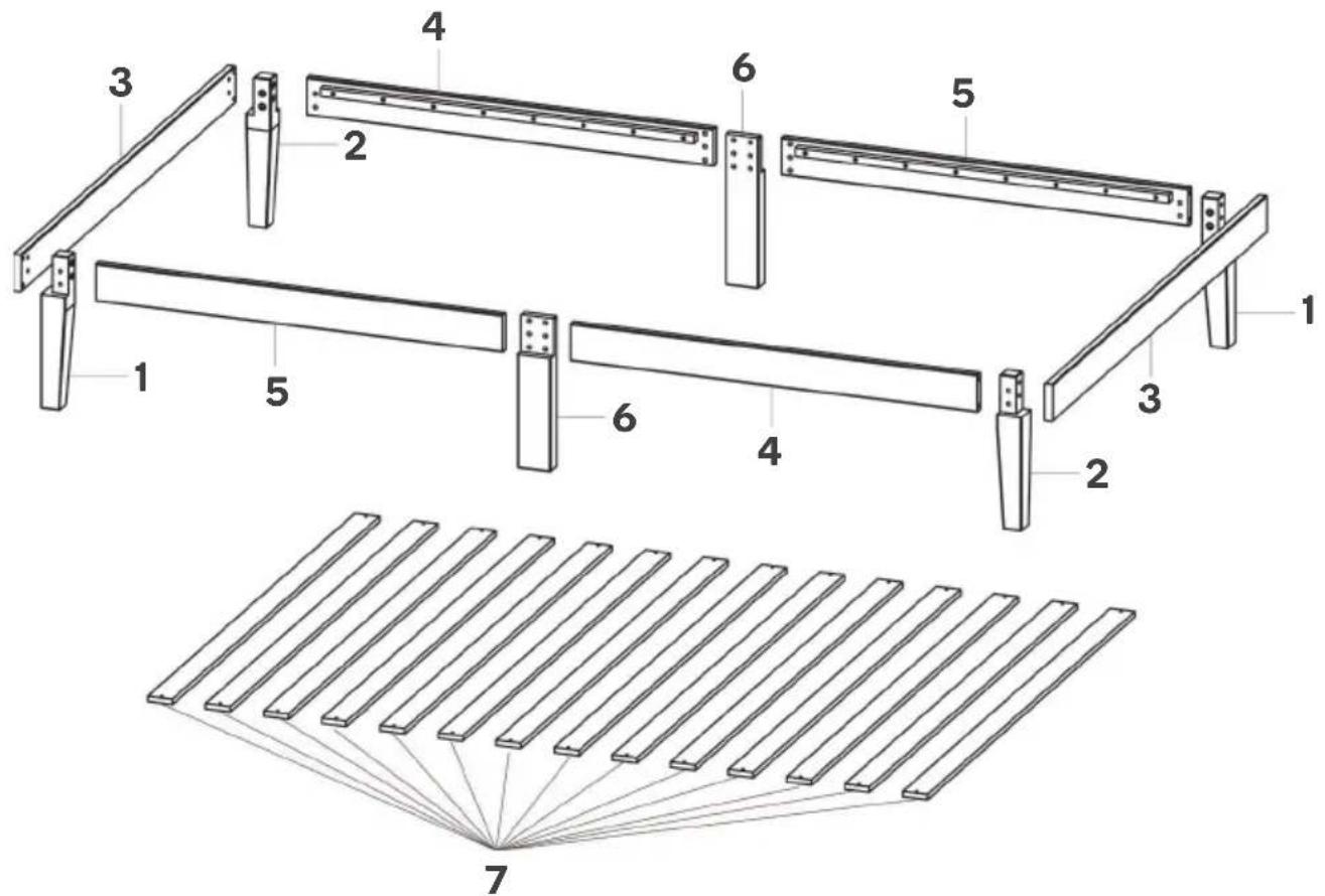 Technical diagram of a structural frame assembly with numbered components and a separate view of a panel array labeled 7.