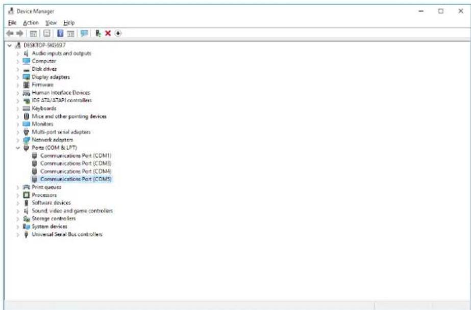 Device Manager File Action View Help DESKTOP-SK5697 Audio inputs and outputs Computer Disk drives Display adapters Firmware Human Interface Devices IDE ATA/ATAPI controllers Keyboards Mice and other pointing devices Monitors Multi-port serial adapters Network adapters Ports (COM & LPT) Communications Port (COM1) Communications Port (COM5) Communications Port (COM4) Communications Port (COM5) Print queues Processors Software devices Sound video and game controllers Storage controllers System devices Universal Serial Bus controllers