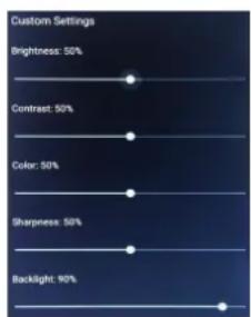 Custom Settings Brightness: 50% Contrast: 50% Color: 50% Sharpness: 50% Backlight: 90%
