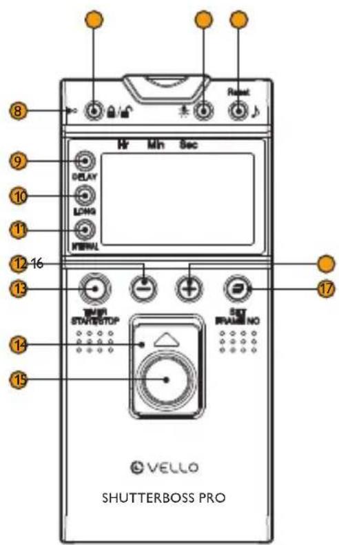 8 9 10 11 12-16 13 14 15 VELLO SHUTTERBOSS PRO Hr Mh Sec DELAY LONG R/WAL STOP/STOP SET R/WAL NO Vello