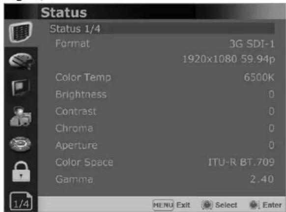 Status Status 1/4 Format 3G SDI-1 1920x1080 59.94p Color Temp 6500K Brightness 0 Contrast 0 Chroma 0 Aperture 0 Color Space ITU-R BT.709 Gamma 2.40 MENU Exit Select Enter