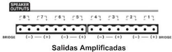 SPEAKER OUTPUTS BRIDGE (-) — (+) (-) — (+) Salidas Amplificadas BRIDGE (-) — (+) (-) — (+)