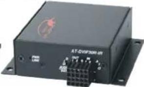 Exterior view of a black electronic device labeled AT-DVSP300-IR, showing ports and connectors (no readable text beyond labels)