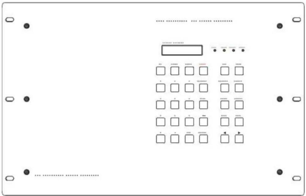 Diagram of a device control panel with labeled buttons and a grid of square indicators for status or operation.