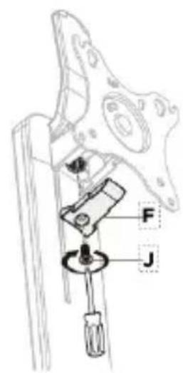 Technical diagram of a mechanical assembly with labeled parts F and J, showing a tool interacting with a component.