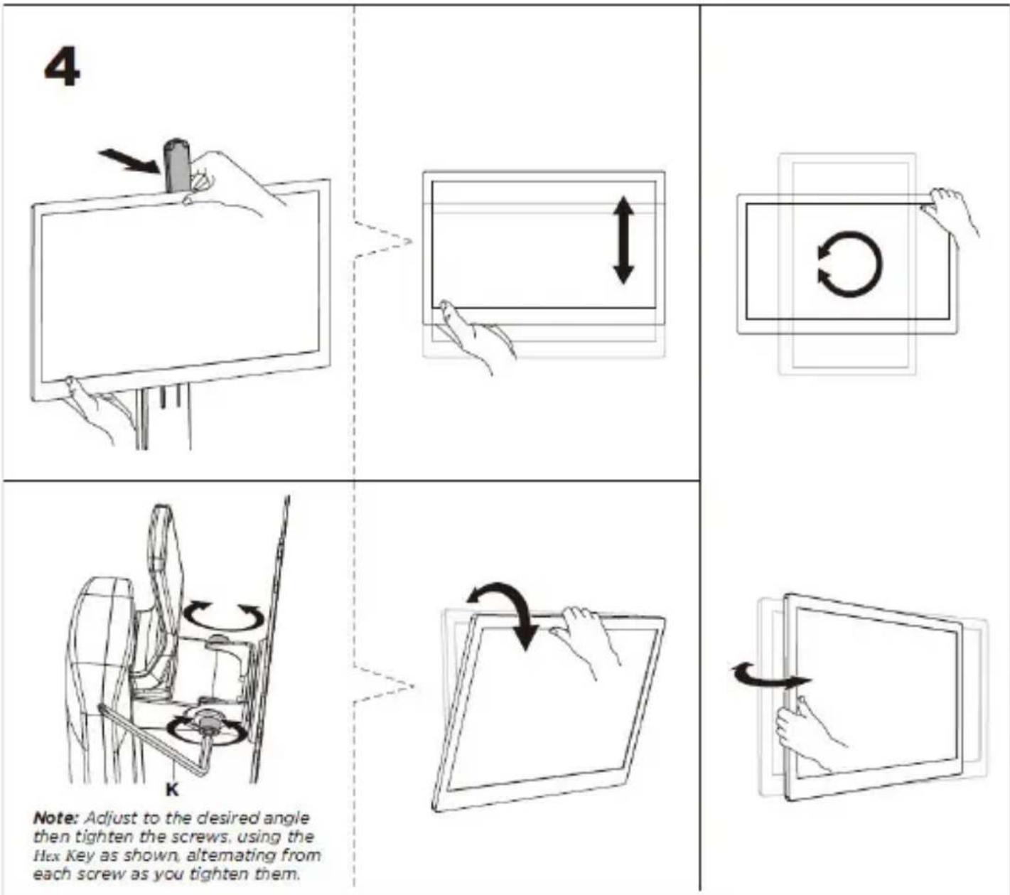 4 Note: Adjust to the desired angle then tighten the screws, using the Hex Key as shown, alternating from each screw as you tighten them.