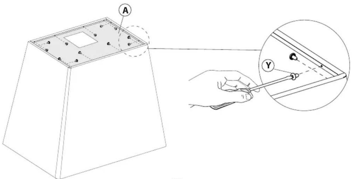 Technical diagram showing a 3D model with labeled component A and a close-up of a hand holding a tool, alongside a magnified view of the component Y.