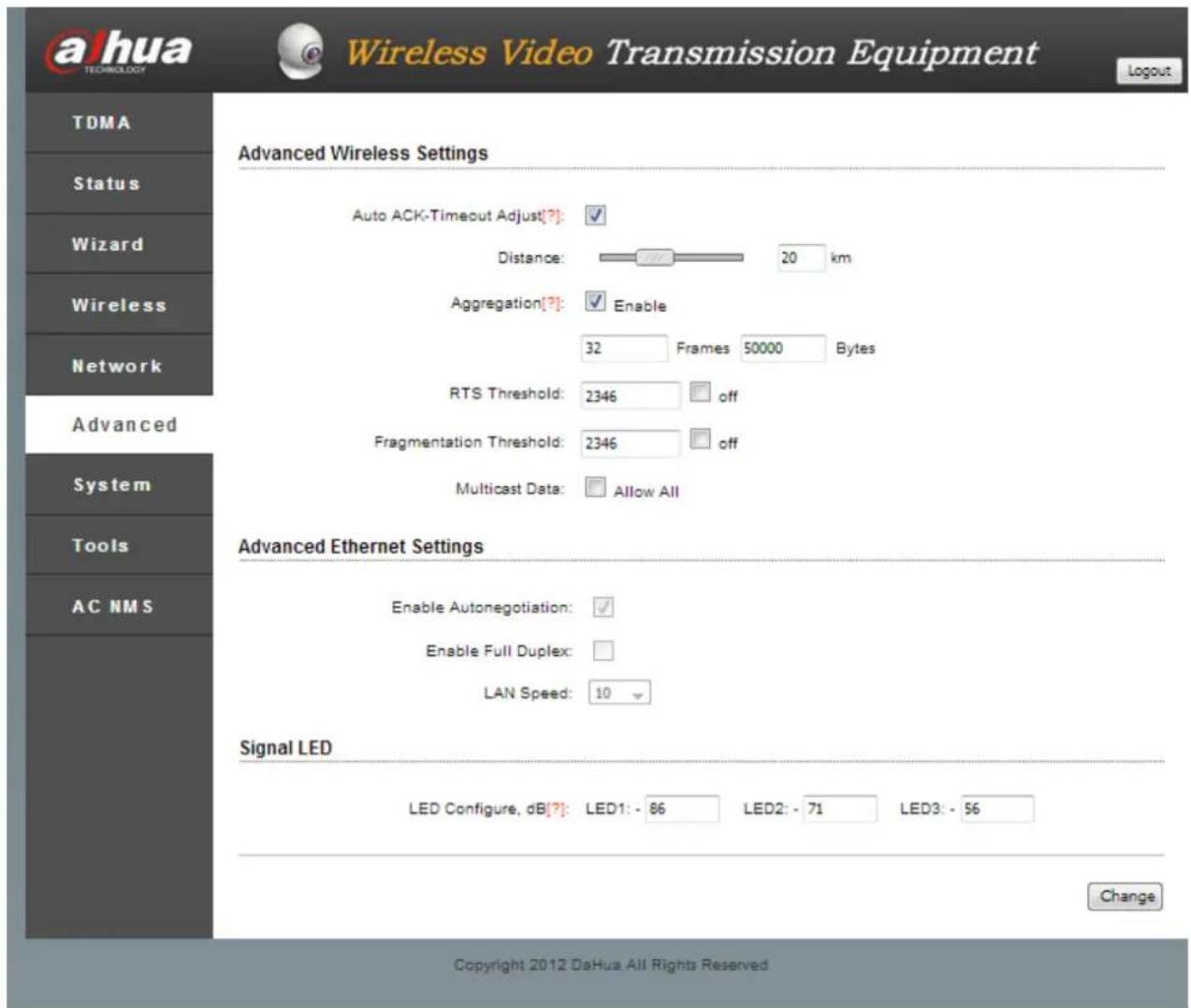 adhua TECHNOLOGY Wireless Video Transmission Equipment Logout TDMA Status Wizard Wireless Network Advanced Wireless Settings Auto ACK-Timeout Adjust[?]: ✓ Distance: 20 km Aggregation[?]: ✓ Enable 32 Frames 50000 Bytes RTS Threshold: 2346 off Fragmentation Threshold: 2346 off Multicast Data: Allow Al…