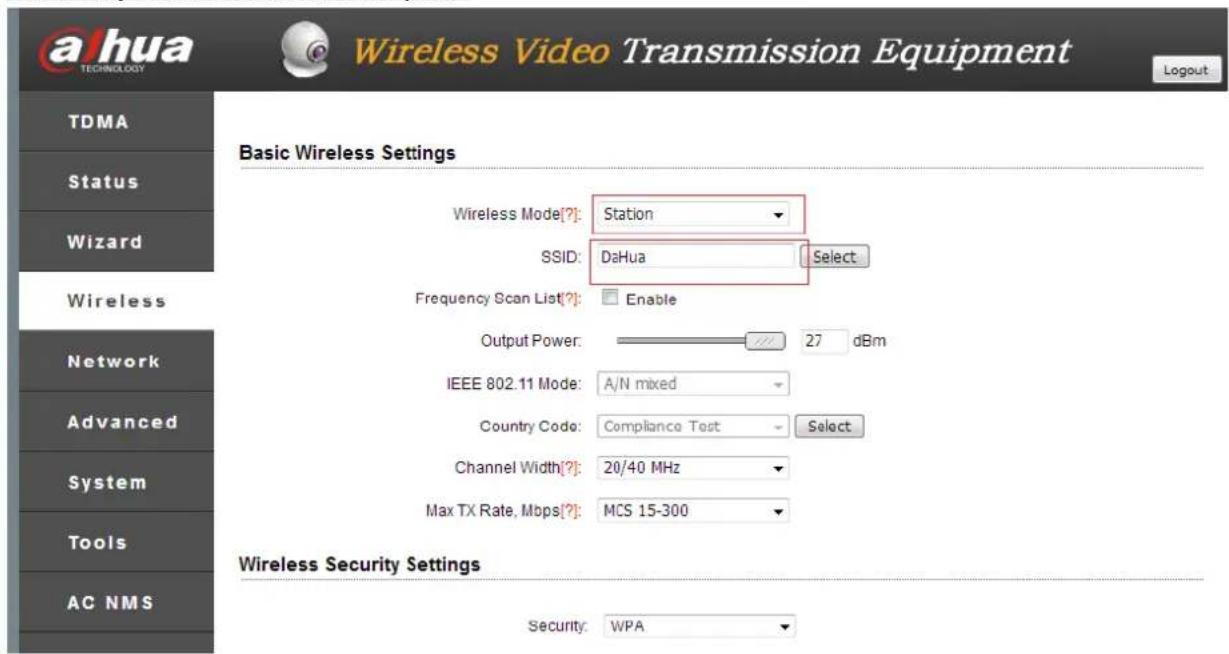 a/hua TECHNOLOGY Wireless Video Transmission Equipment Logout TDMA Status Wizard Wireless Network Advanced System Tools AC NMS Basic Wireless Settings Wireless Mode[?]: Station SSID: DaHua Select Frequency Scan List[?]: Enable Output Power: 27 dBm IEEE 802.11 Mode: A/N mixed Country Code: Compliance…