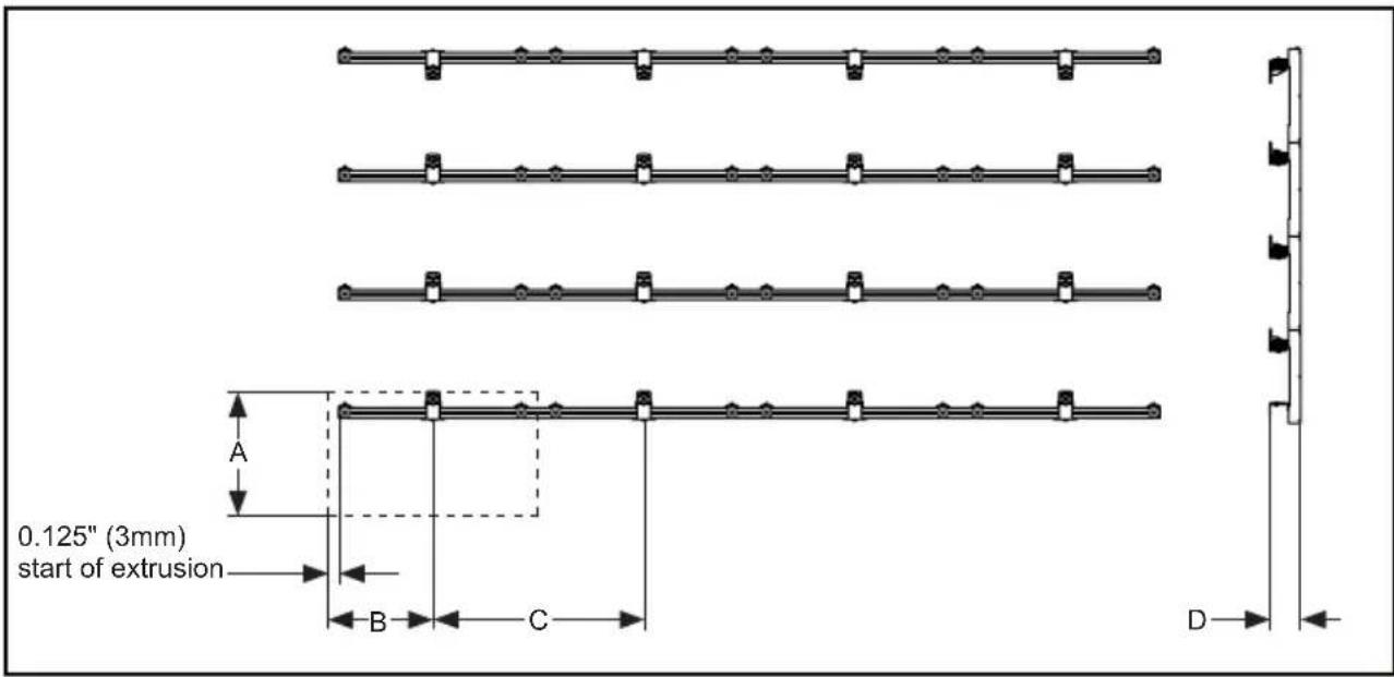 0.125" (3mm) start of extrusion A B C D