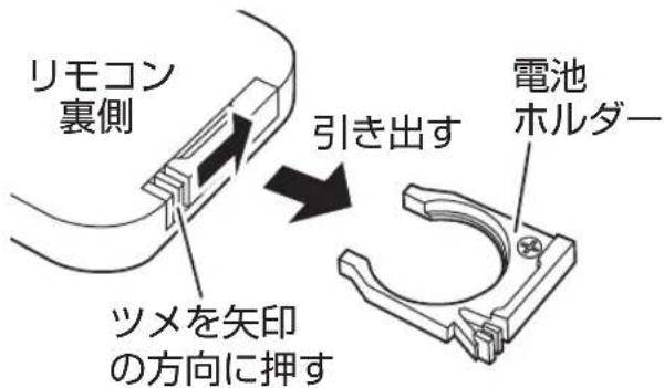 リモコン 裏側 引き出す ツメを矢印 の方向に押す 電池 ホルダー