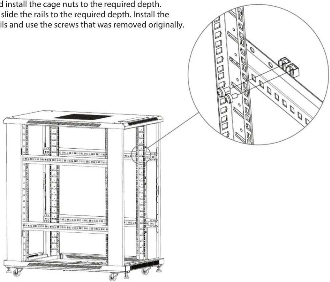 d install the cage nuts to the required depth. slide the rails to the required depth. Install the ails and use the screws that was removed originally.
