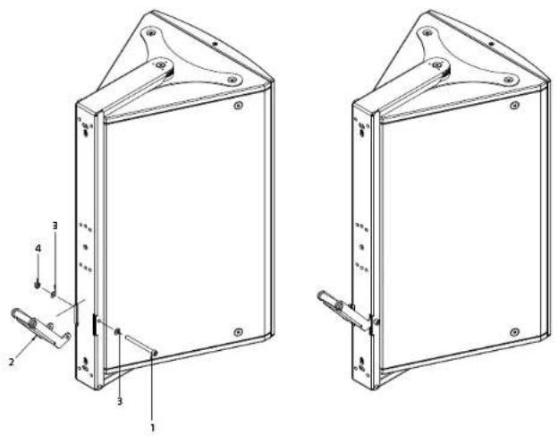 Technical diagram of a two-part mechanical device with numbered components and mounting features