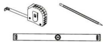 Technical line drawings of mechanical components including a tape measure, a pen, and a rod (no text or symbols)