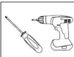 Line drawing of a screwdriver and a power tool (no text or symbols)
