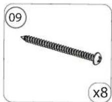 Close-up of a screw with circular head and threaded shaft, labeled with numbers 09 and x8 (no text or symbols on the screw itself)