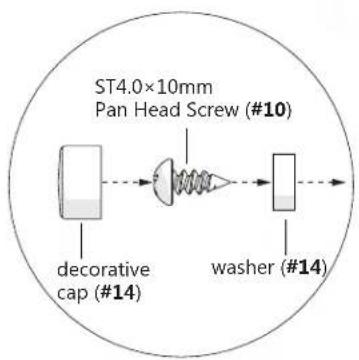 graph LR A["decorative cap (#14)"] --> B["Pan Head Screw (#10)"] B --> C["washer (#14)"] style A fill:#f9f,stroke:#333 style B fill:#ccf,stroke:#333 style C fill:#cfc,stroke:#333