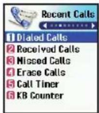 Recent Calls 1 Diated Calls 2 Received Calls 3 Missed Calls 4 Erase Calls 5 Call Tiner 6 KB Counter