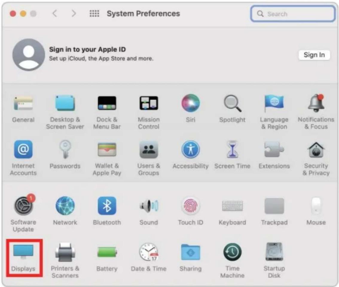 System Preferences Search Sign in to your Apple ID Set up iCloud, the App Store and more. Sign In General Desktop & Screen Saver Dock & Menu Bar Mission Control Siri Spotlight Language & Region Notifications & Focus Internet Accounts Passwords Wallet & Apple Pay Users & Groups Accessibility Screen Time Extensions Security & Privacy Software Update Network Bluetooth Sound Touch ID Keyboard Trackpad Mouse Displays Printers & Scanners Battery Date & Time Sharing Time Machine Startup Disk