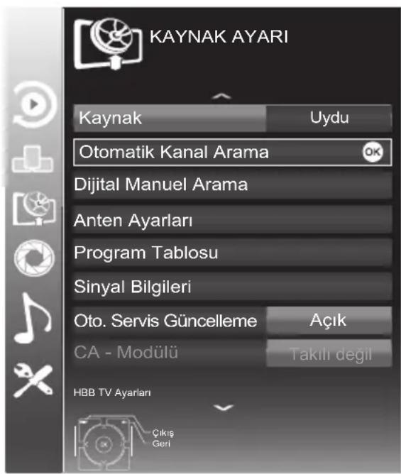 KAYNAK AYARI Kaynak Uydu Otomatik Kanal Arama OK Dijital Manuel Arama Anten Ayarları Program Tablosu Sinyal Bilgileri Oto. Servis Güncelleme Açık CA - Modülü Takılı değil HBB TV Ayarları Çıkiş Geri