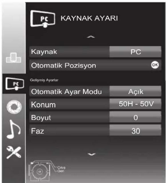 KAYNAK AYARI Kaynak PC Otomatik Pozisyon Gelişmiş Ayariar Otomatik Ayar Modu Açık Konum 50H - 50V Boyut 0 Faz 30