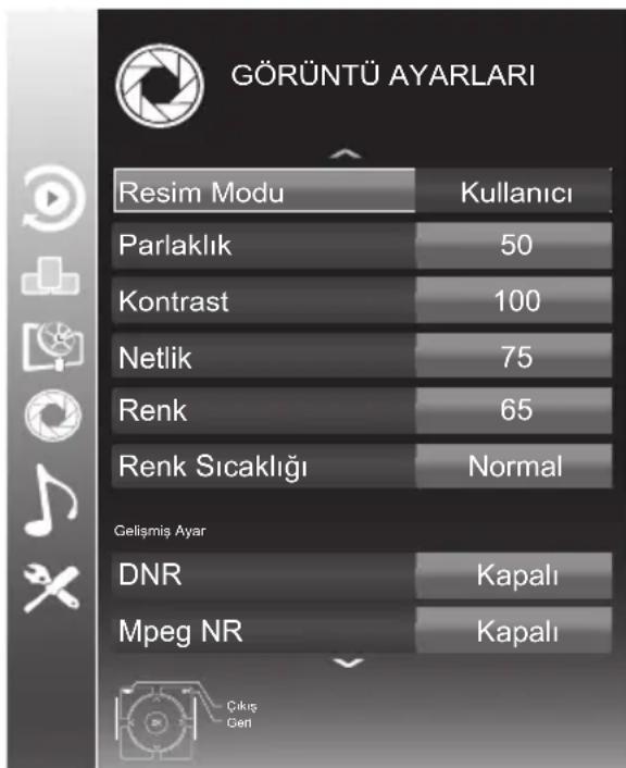 GÖRÜNTÜ AYARLARI Resim Modu Kullanıcı Parlaklık 50 Kontrast 100 Netlik 75 Renk 65 Renk Sıcaklığı Normal Gelişmiş Ayar DNR Kapalı Mpeg NR Kapalı