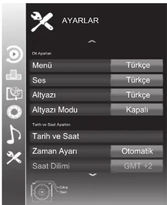 AYARLAR Dil Ayarlan Menü Türkçe Ses Türkçe Altyazı Türkçe Altyazı Modu Kapalı Tarih ve Saal Ayarları Tarih ve Saat Zaman Ayarı Otomatik Saat Dilimi GMT +2 Çıkış Gerl