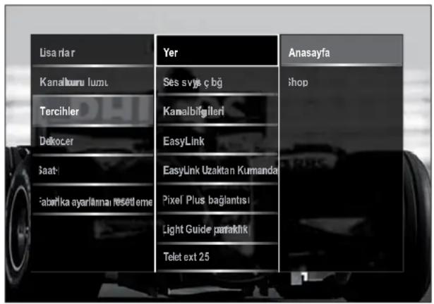 Lisa rlar Kanalburu lumu Tercihler Dekocer saat fabrika ayarlanna resetleme Yer Ses svja ç bğ Kanalbifgileri EasyLink EasyLink Uzaktan Kumanda Pixel Plus bağlantısı Light Guide parakkık Telet ext 25 Anasayfa shop