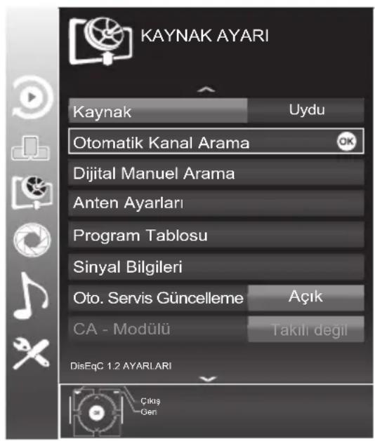 KAYNAK AYARI Kaynak Uydu Otomatik Kanal Arama Dijital Manuel Arama Anten Ayarları Program Tablosu Sinyal Bilgileri Oto. Servis Güncelleme Açık CA - Modülü Takılı değil DisEqC 1.2 AYARLARI Çıkış Gen