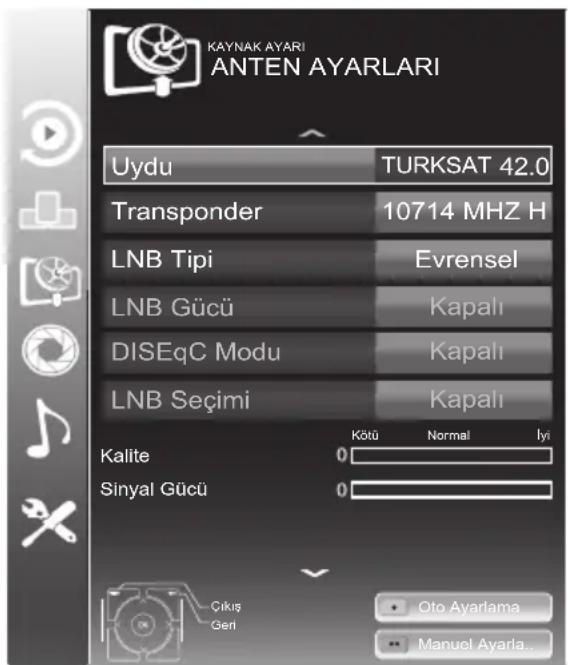 KAYNAK AYARI ANTEN AYARLARI Uydu TURKSAT 42.0 Transponder 10714 MHZ H LNB Tipi Evrensel LNB Gücü Kapalı DISEqC Modu Kapalı LNB Seçimi Kapalı Kalite 0 Sinyal Gücü 0 Gikiş Geri Kötü Normal Iyi Oto Ayarlama Manuel Ayarla...