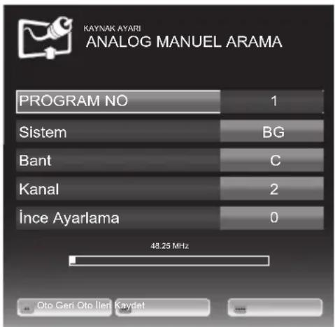 KAYNAK AYARI ANALOG MANUEL ARAMA PROGRAM NO 1 Sistem BG Bant C Kanal 2 İnce Ayarlama 0 48.25 MHz Oto Geri Oto Ilen Kaydet