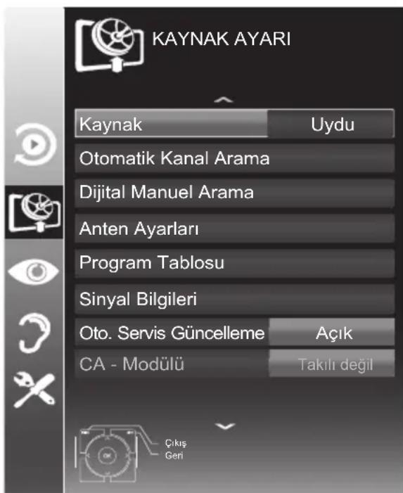 KAYNAK AYARI Kaynak Uydu Otomatik Kanal Arama Dijital Manuel Arama Anten Ayarları Program Tablosu Sinyal Bilgileri Oto. Servis Güncelleme Açık CA - Modülü Takılı değil Çıkış Geni