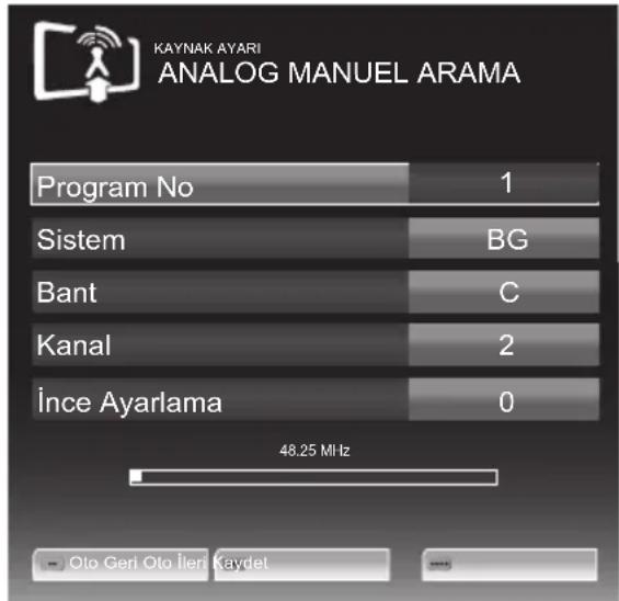 KAYNAK AYARI ANALOG MANUEL ARAMA Program No 1 Sistem BG Bant C Kanal 2 İnce Ayarlama 0 48.25 MHz Oto Geri Oto İleri Kaydet