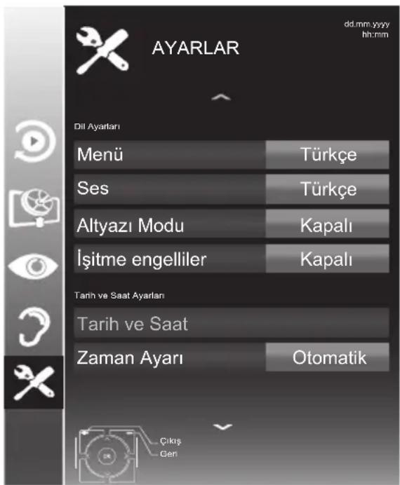 AYARLAR dd.mm yyyy hit:mm Dil Ayarları Menü Türkçe Ses Türkçe Altyazı Modu Kapalı İşitme engelliler Kapalı Tarih ve Saat Ayarları Tarih ve Saat Zaman Ayarı Otomatik