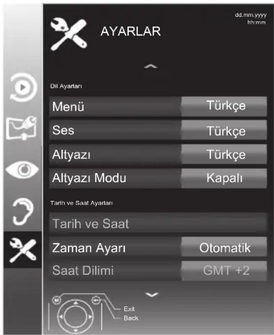 AYARLAR dd.mm.yyyy hh:mm Dil Ayarları Menü Türkçe Ses Türkçe Altyazı Türkçe Altyazı Modu Kapalı Tarih ve Saat Ayarları Tarih ve Saat Zaman Ayarı Otomatik Saat Dilimi GMT +2 Exit Back