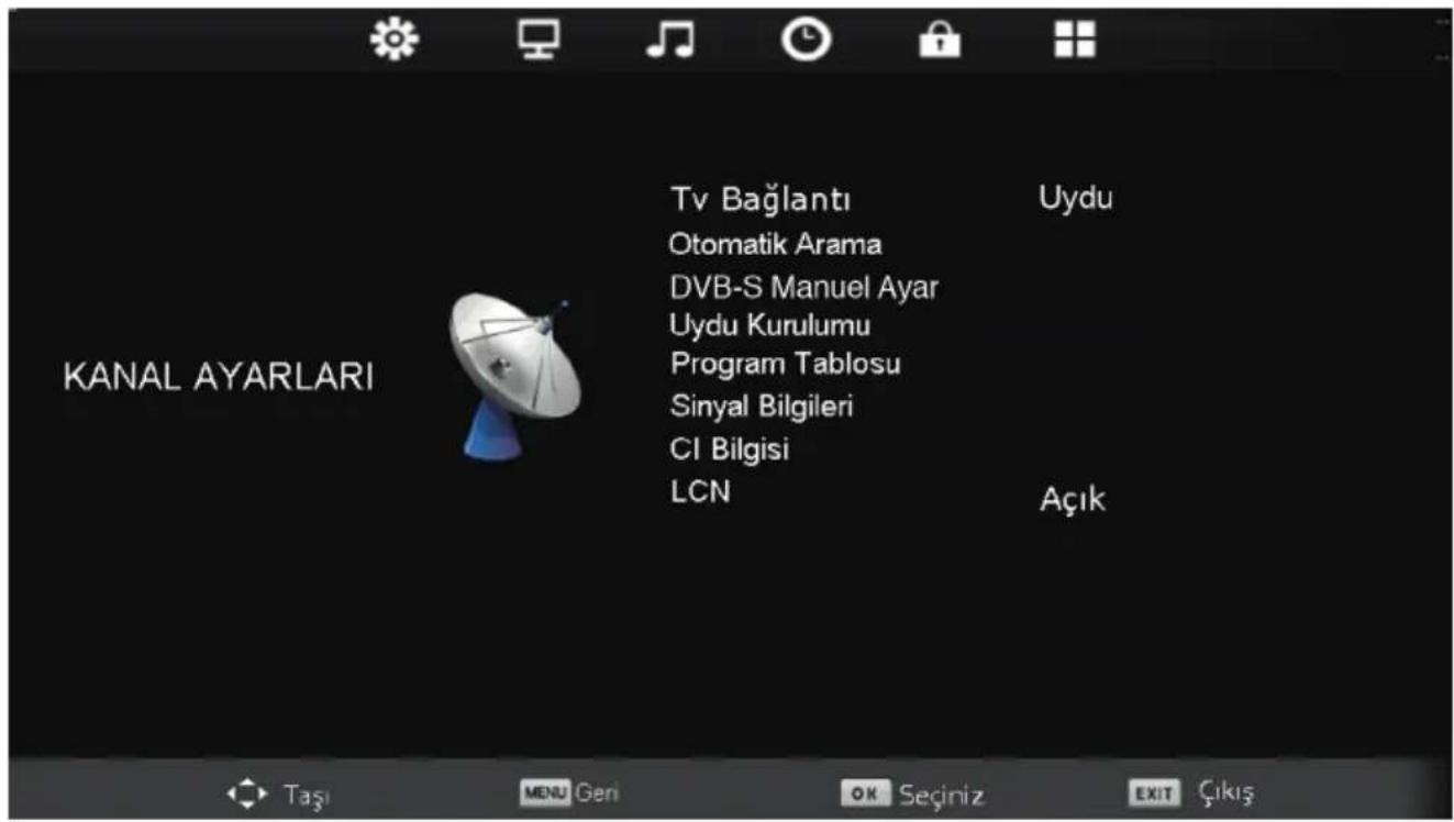 KANAL AYARLARI Tv Bağlantı Uydu Otomatik Arama DVB-S Manuel Ayar Uydu Kurulumu Program Tablosu Sinyal Bilgileri CI Bilgisi LCN Açık