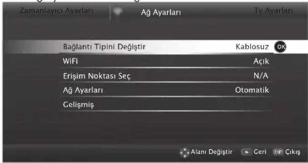 Zamanlayıcı Ayarları Ağ Ayarları Tv Ayarları Bağlantı Tipini Değistir Kablosuz OK WIFI Açık Erişim Noktası Seç N/A Ağ Ayarları Otomatik Gelişmiş Alanı Değistir Ceri Çıkış