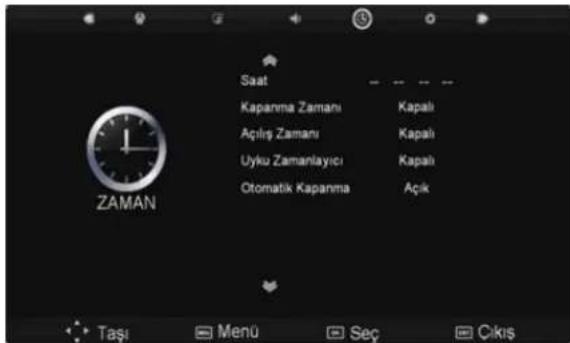 Saat Kapanma Zamanı Kapalı Açılış Zamanı Kapalı Uyku Zamanlayıcı Kapalı Otomatik Kapanma Açık Taşı Menü Seç Çıkış